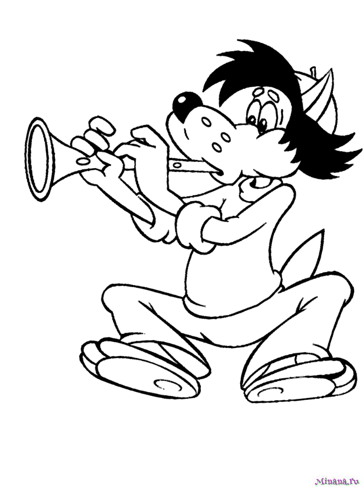 Раскраска волк играет на трубе