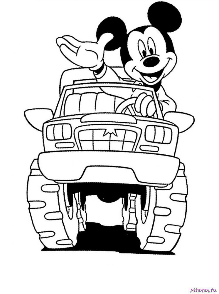 Раскраска Микки Маус на машине