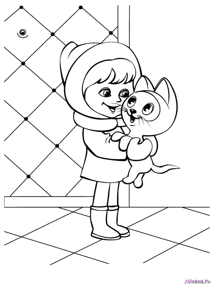 Раскраска милая аниме девочка с забавным котенком