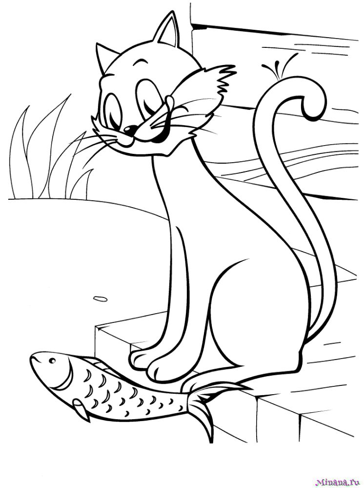 Раскраска Кот с рыбой