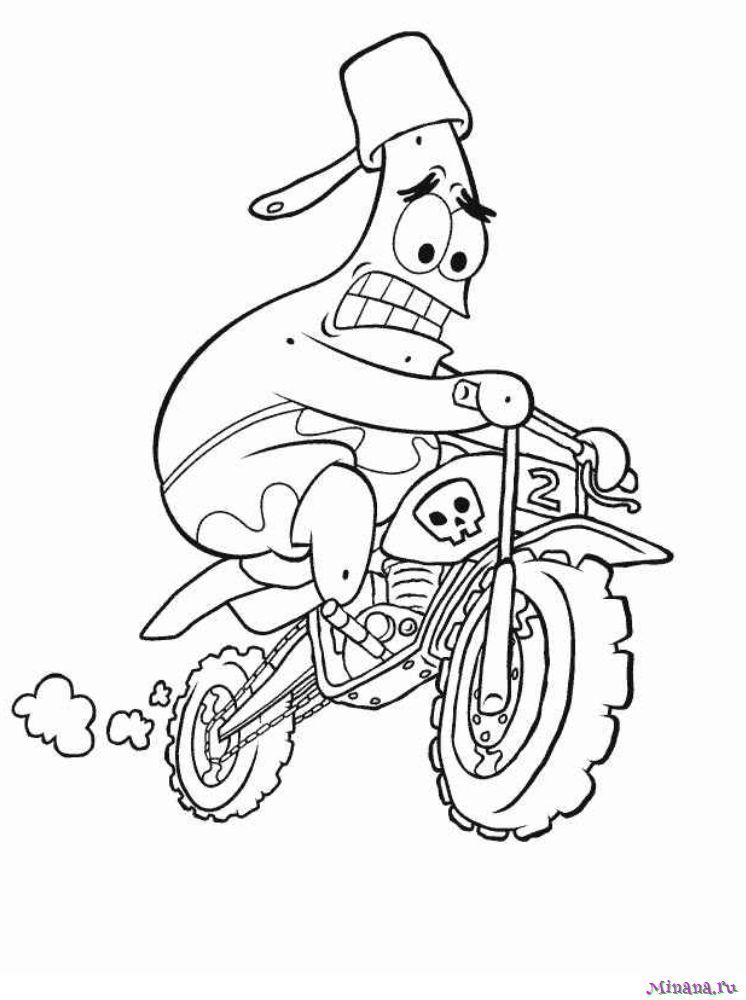 Раскраска Патрик на мотоцикле