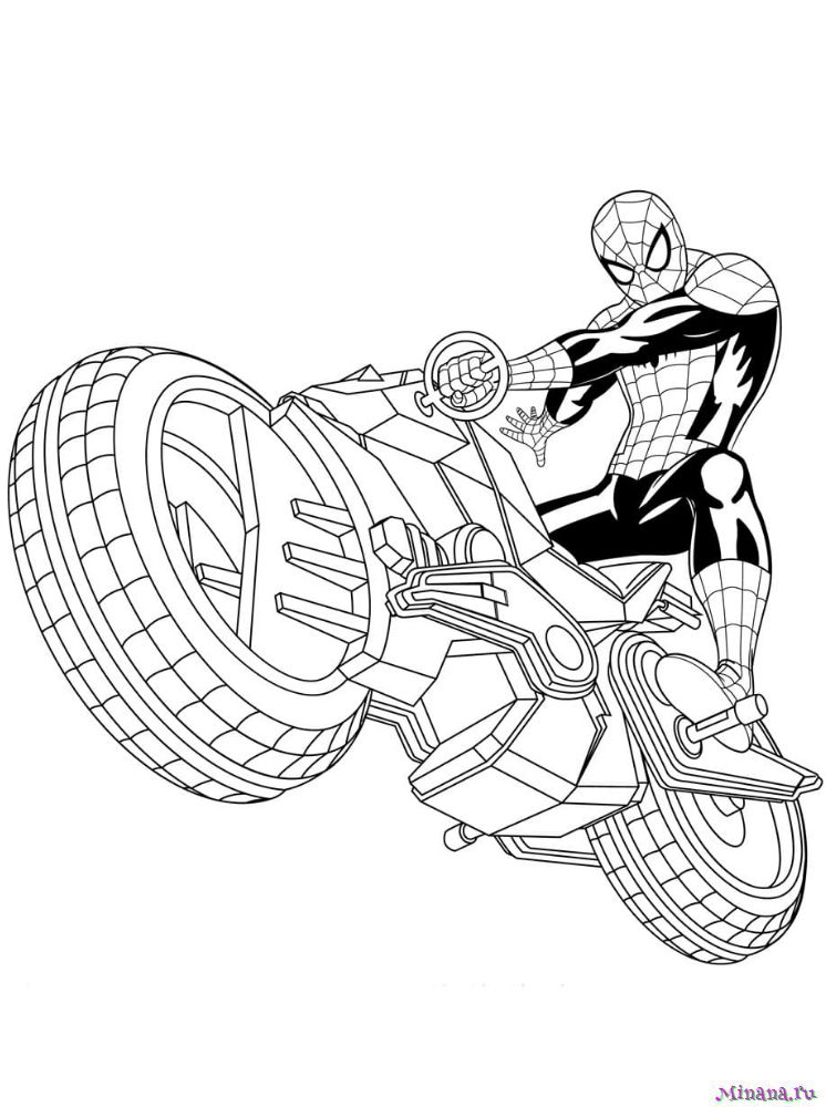 Раскраска человек паук на мотоцикле