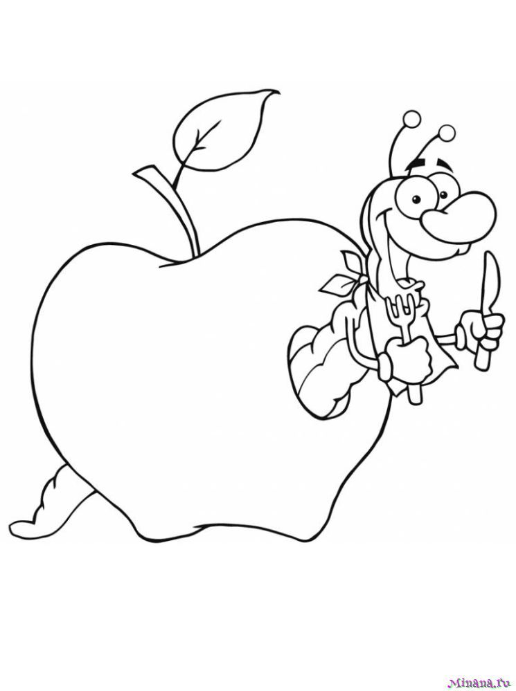 Забавная онлайн раскраска для малышей - Червяк в шляпе и яблоко