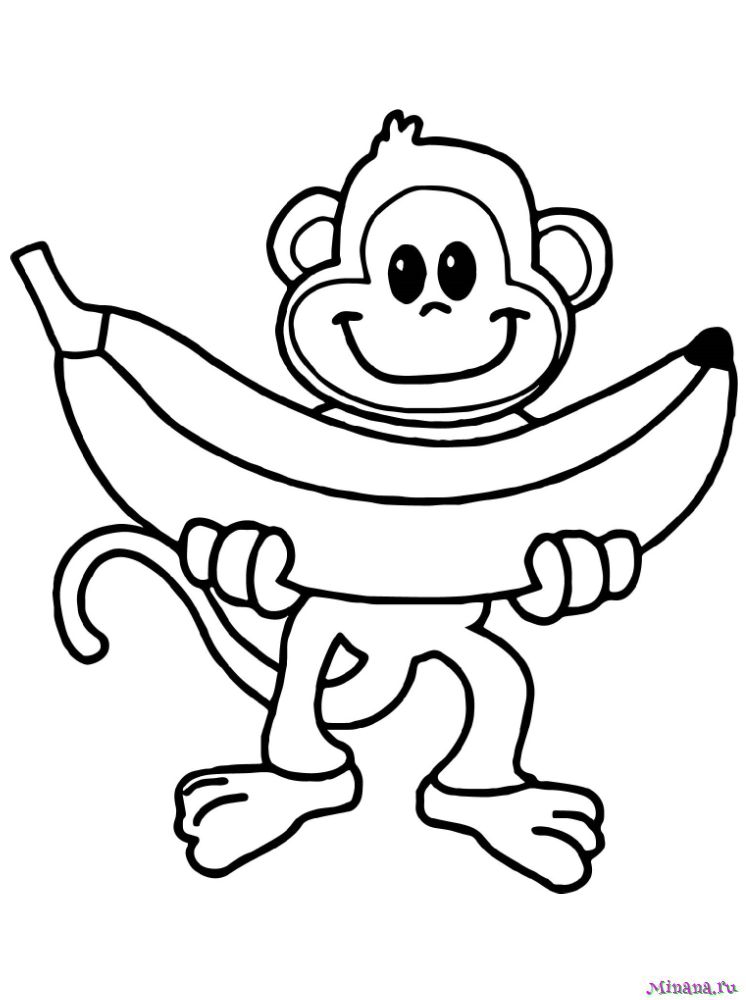 Обезьяна держит банан, подходящий для детской раскраски страницы векторной иллюстрации